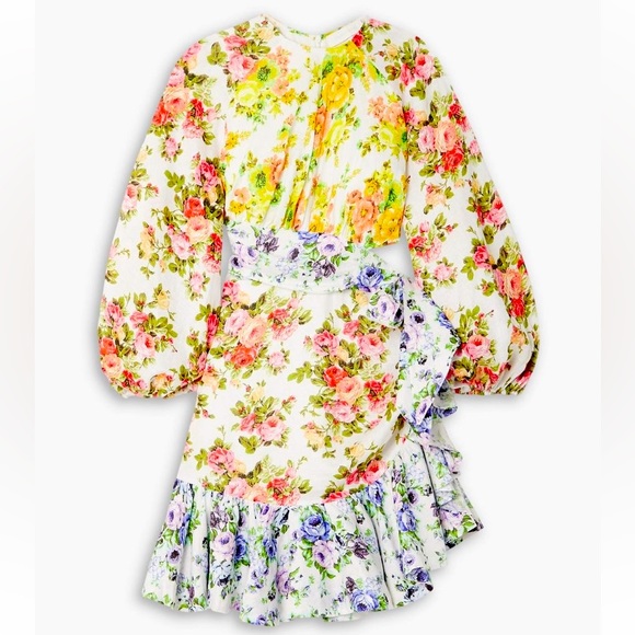 ❗️SALE❗️Zimmerman White Ruffled Floral-print Linen Mini Dress - Picture 2 of 7